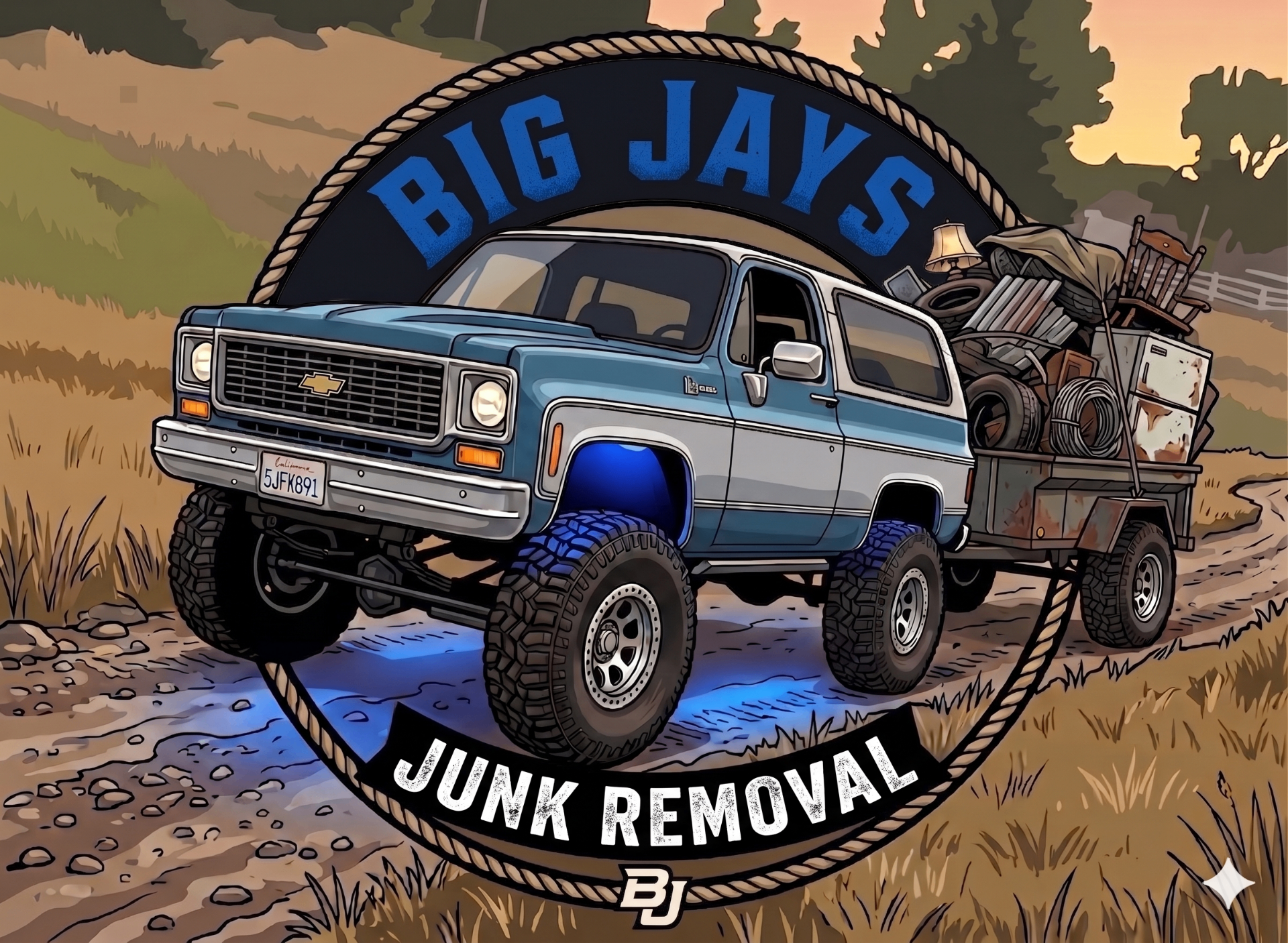 Big Jays Junk Removal lifted truck hauling a trailer full of junk
